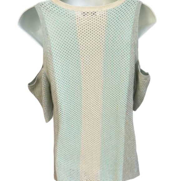 Sogi Cold Shoulder Mesh V-Neck Top Cream & Light Green Size M - Picture 2 of 8